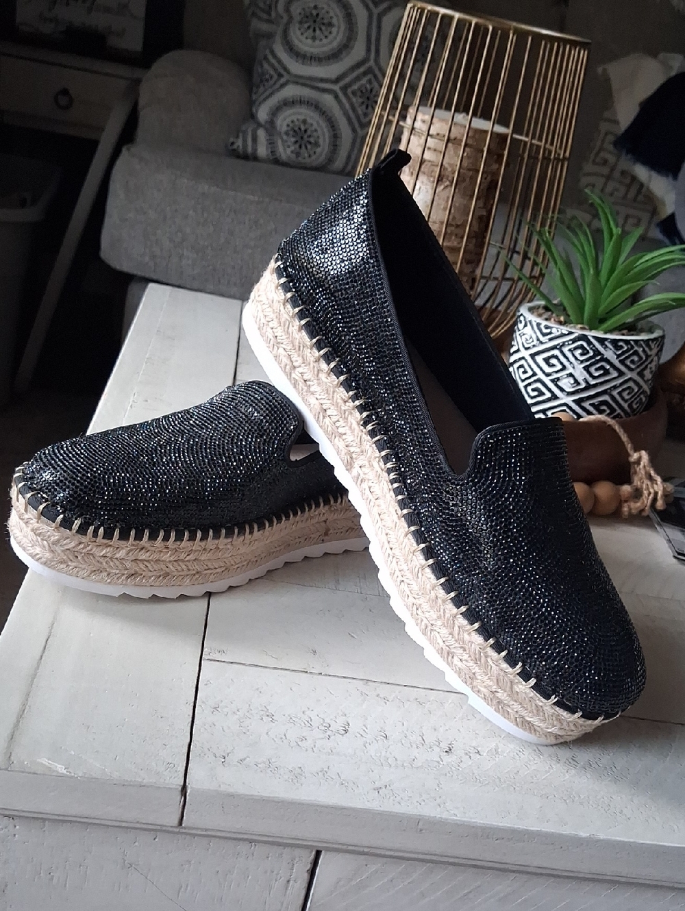 Gianni Bini Black Sparkle Espadrille Platform Slip-On